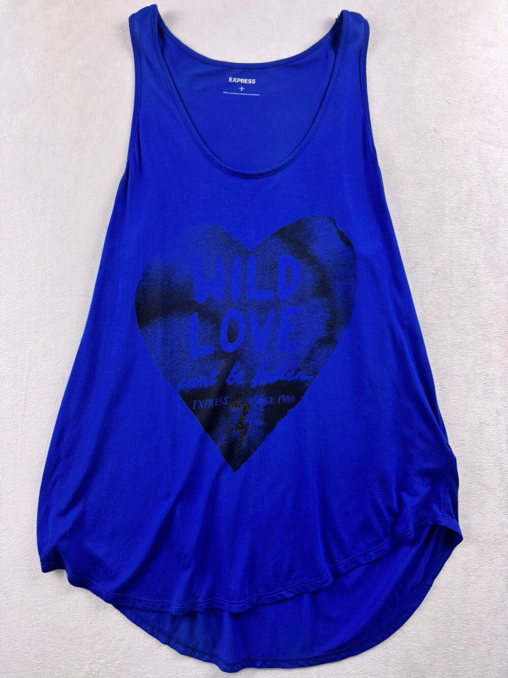 Express Wild Love Tank Top Women’s Large Blue Black Watercolor Heart Graphic